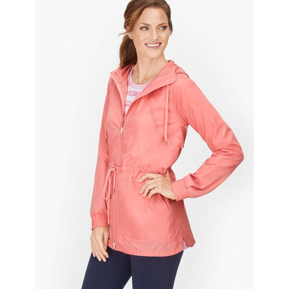 Talbots Women's Jacket Front Zip Lined Hooded Cinched Waist Woven Peach Size L